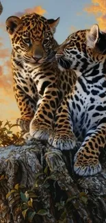 Two leopards resting on a tree stump against a sunset sky.