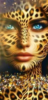 Artistic leopard face wallpaper with vibrant gold tones and blue eyes.