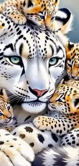Artistic illustration of a leopard family with cubs snuggling together.
