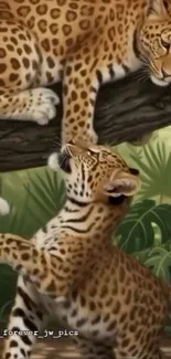 Two leopards resting on a tree branch in a jungle.