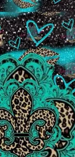 Leopard fleur-de-lis with blue hearts on black background.