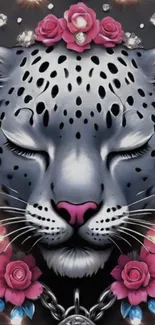 Elegant leopard with floral design on mobile wallpaper.