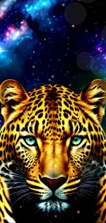 Leopard in a colorful galaxy background with vibrant hues.