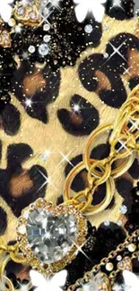 Glamorous leopard print with jewels and butterflies on phone screen.