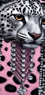 Stylish leopard with jewels on pink background
