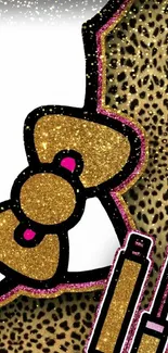 Leopard print wallpaper with gold glitter bow and makeup icons.