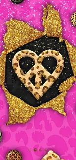 Leopard print heart with glitter on pink backdrop.