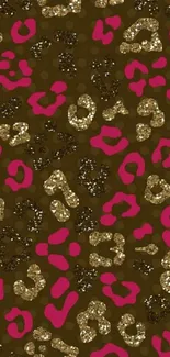 Leopard print mobile wallpaper with gold and pink glitter patterns on brown.