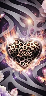 Leopard heart with flames, butterflies, and flowers on a zebra pattern.