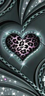 Leopard print heart with chains in a stylish mobile wallpaper.