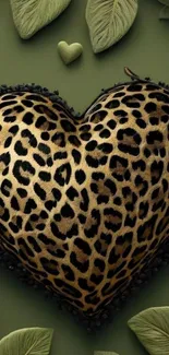 Leopard print heart with green leaves design.