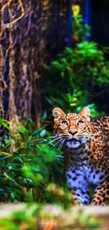 Leopard prowling in a bamboo forest with vibrant greens.