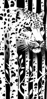 Leopard blended into birch forest in monochrome style.