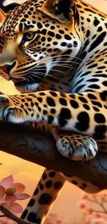 Leopard resting on a branch with cherry blossoms in sunset glow.