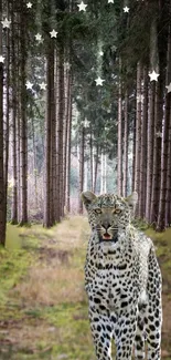 Leopard standing in an enchanting forest with starlit sky above.