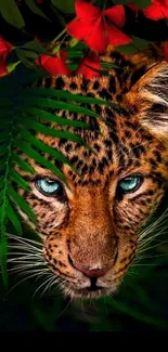 Leopard amidst lush foliage with vibrant colors, featuring green and red hues.