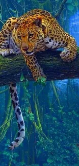 Leopard resting on a tree branch in a vibrant jungle.