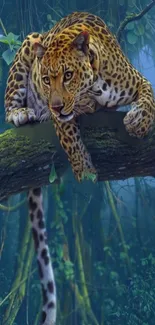 Leopard resting on a tree in a lush jungle setting.