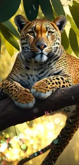 Majestic leopard resting on a tree surrounded by lush jungle foliage.