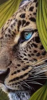 Leopard with blue eyes surrounded by green leaves.