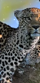 Majestic leopard resting on a tree with a natural backdrop.