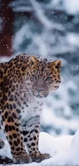 Leopard standing in a snowy forest with falling snowflakes.