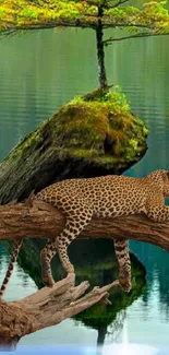 A leopard rests on a tree branch over calm water with lush greenery.