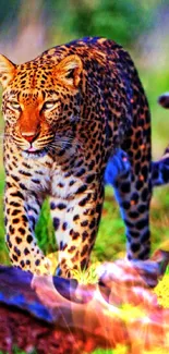 Majestic leopard prowling in a vibrant green jungle with vivid colors.