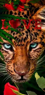 Leopard with captivating blue eyes amidst green leaves and red roses.