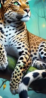 Leopard resting on a tree with a mystical forest background.
