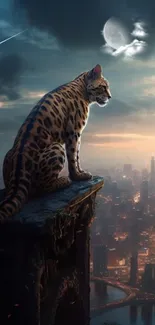 A leopard perched on a cliff, overlooking a city at night.