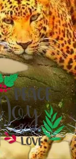 Leopard with festive 'Peace, Joy, Love' theme in vibrant colors.