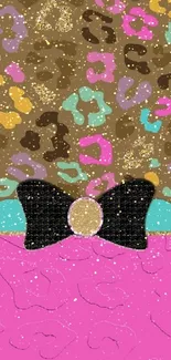 Leopard print and bow style mobile wallpaper with pink and gold accents.