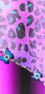 Purple leopard print wallpaper with blue butterflies.