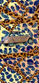 Vintage car with leopard print on an animal pattern background.