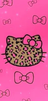 Pink wallpaper with leopard print cat and bows.