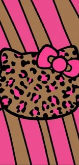 Leopard print cat with pink bow on vibrant wallpaper background.