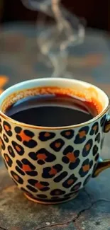 Leopard print coffee mug with steam on a table, creating a warm atmosphere.