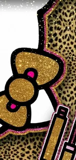 Leopard print wallpaper with glitter bow and makeup.