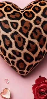 Leopard print heart with red roses and hearts on pink background.