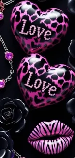 Pink leopard print hearts with zebra stripe design.