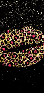 Leopard print lips with sparkles mobile wallpaper in gold and pink on black background.