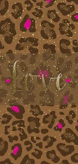 Leopard print wallpaper with gold 'Love' text and pink accents on brown background.