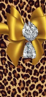 Leopard print wallpaper with gold bow and gemstones.