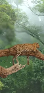 Leopard resting on a branch in a lush green jungle background.