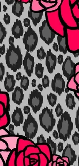 Pink roses over grey leopard pattern wallpaper.