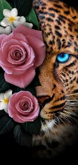 Leopard face with roses on a dark background.