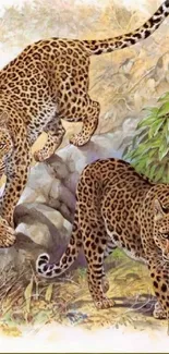 Illustration of two leopards in natural habitat for mobile wallpaper.