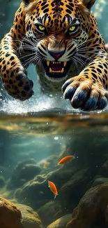 Leopard leaping underwater in a dynamic nature scene.