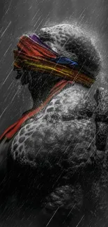 Leopard warrior in rain with rainbow blindfold.